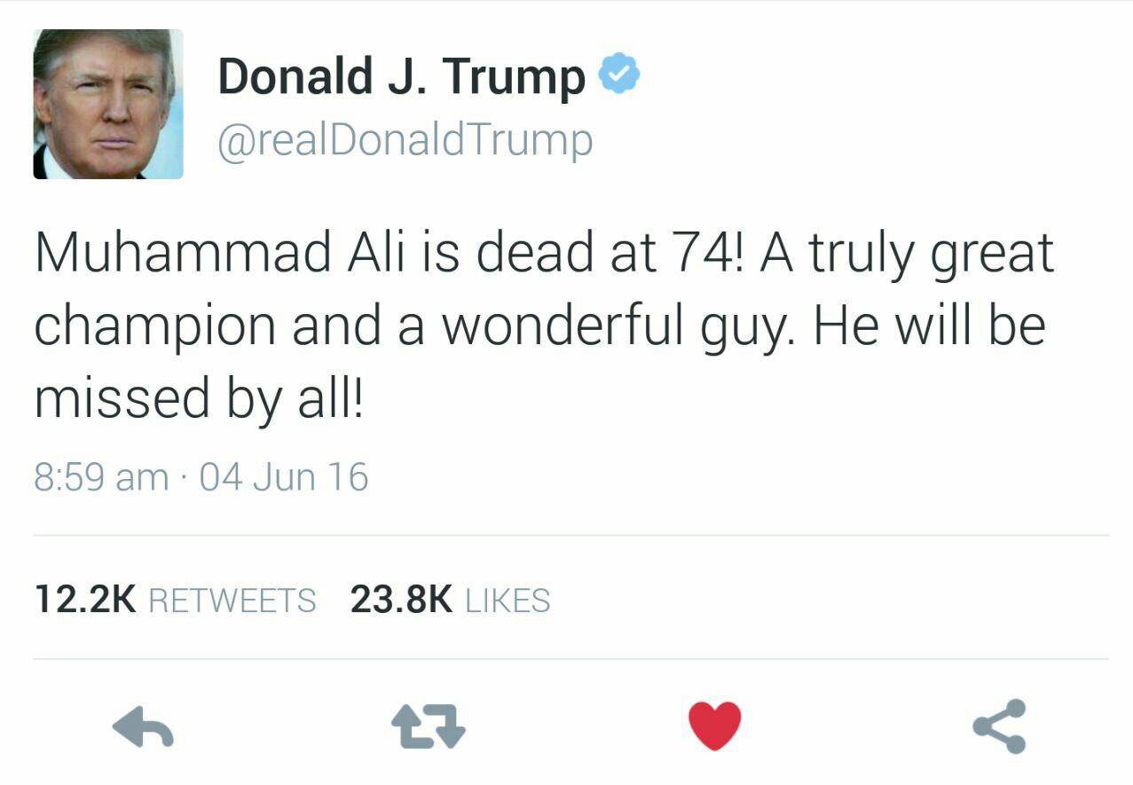 واکنش توئیتری ترامپ به درگذشت محمدعلی کلی