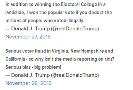 ترامپ : میلیون ها رای غیر قانونی به نفع کلینتون در انتخابات آمریکا به صندوق ها ریخته شد