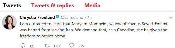 توییت وزیر خارجه کانادا درباره ممانعت از خروج همسر کاووس سید امامی از ایران (+عکس)