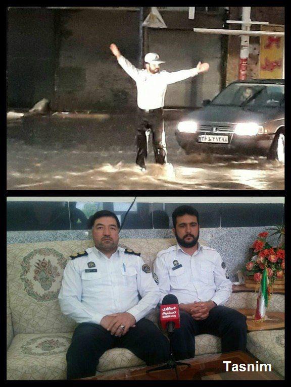 خدمت رسانى پلیس در میان سیلاب (+عکس)/ انتظار تشویق نداشتم؛ این وظیفه ذاتی من بود