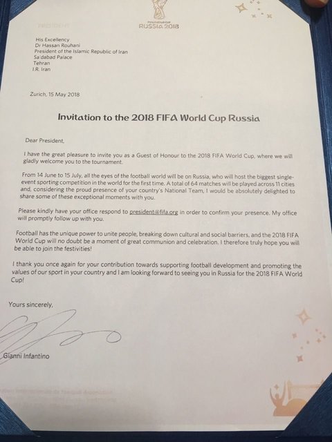 «فیفا»، روحانی را برای افتتاحیه جام جهانی دعوت کرد (+ عکس) «فیفا»، روحانی را برای افتتاحیه جام جهانی دعوت کرد (+ عکس)