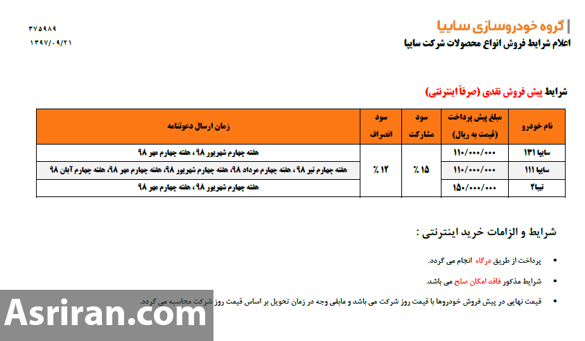 پیش_فروش محصولات سایپا ویژه آذرماه 97 تا تکمیل ظرفیت فروش محصولات ادامه دارد (+جزئیات و جدول)