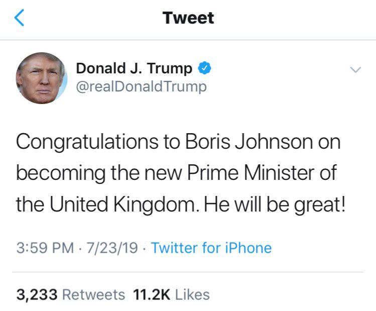 تبریک ترامپ به بوریس جانسون تبریک ترامپ به بوریس جانسون