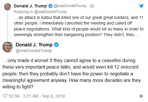 ترامپ رشته مذاکرات صلح با طالبان را پنبه کرد ترامپ رشته مذاکرات صلح با طالبان را پنبه کرد