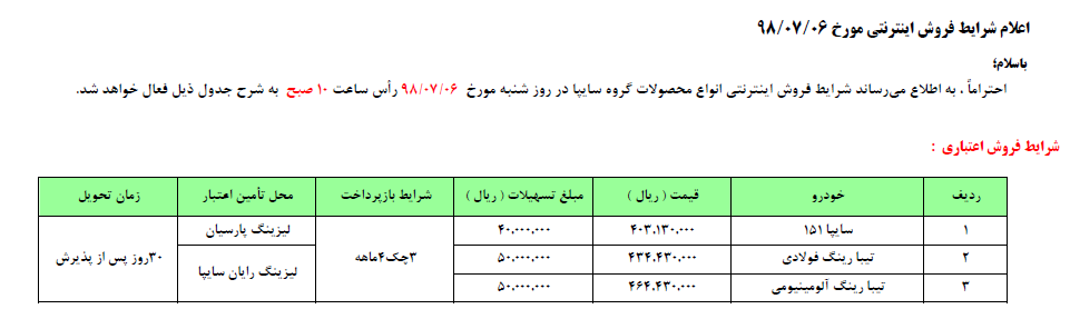 جدیدترین طرح فروش اقساطی محصولات سایپا ویژه 6 و 7 مهرماه 98 (+جدول) جدیدترین طرح فروش اقساطی محصولات سایپا ویژه 6 و 7 مهرماه 98 (+جدول)