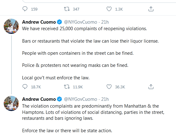 عصبانیت فرماندار نیویورک ازصف شلوغ مردم جلوی مِی‌خانه‌ها: کاری نکنید مجبور شوم خودم به آنجا بیایم