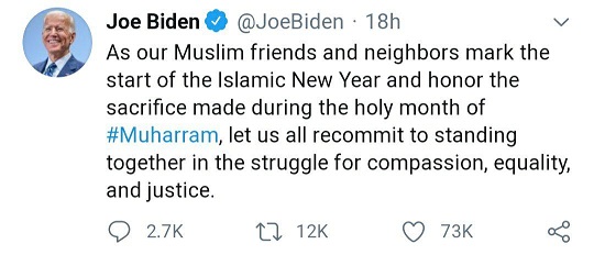 توییت «جو بایدن» به مناسبت آغاز ماه محرم توییت «جو بایدن» به مناسبت آغاز ماه محرم