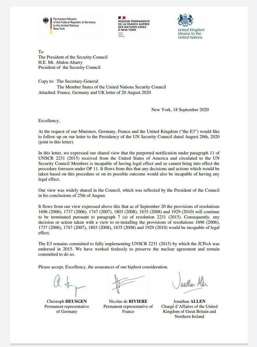 نامه 3 کشور اروپایی به شورای امنیت در مخالفت با طرح آمریکا برای بازگرداندن تحریم‌های ایران