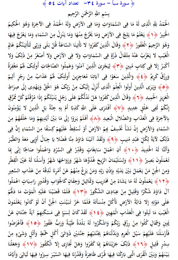 سوره های قرآن/ سوره سبا (متن، ترجمه و فایل صوتی)